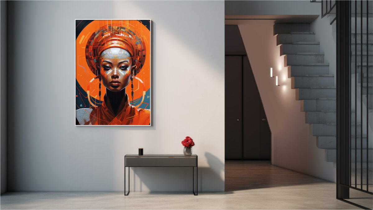 A0 to 8×10 sizes. Profile crop with hoop earrings and warm metallic palette—Afrocentric sci‑fi portrait digital download.