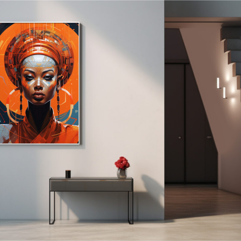 A0 to 8×10 sizes. Profile crop with hoop earrings and warm metallic palette—Afrocentric sci‑fi portrait digital download.