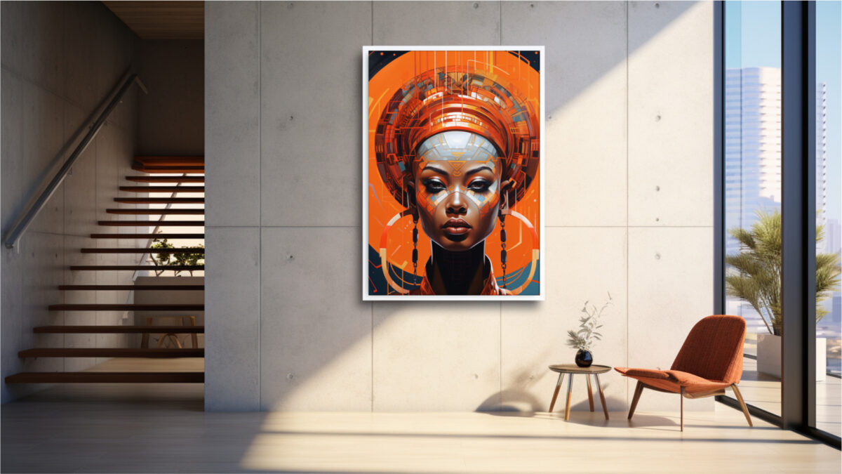 Solar Circuit Empress – Afrofuturist Digital Art Print, vertical portrait with circuitry face paint and radiant orange halo.
