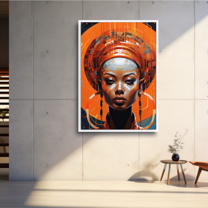 Solar Circuit Empress – Afrofuturist Digital Art Print, vertical portrait with circuitry face paint and radiant orange halo.