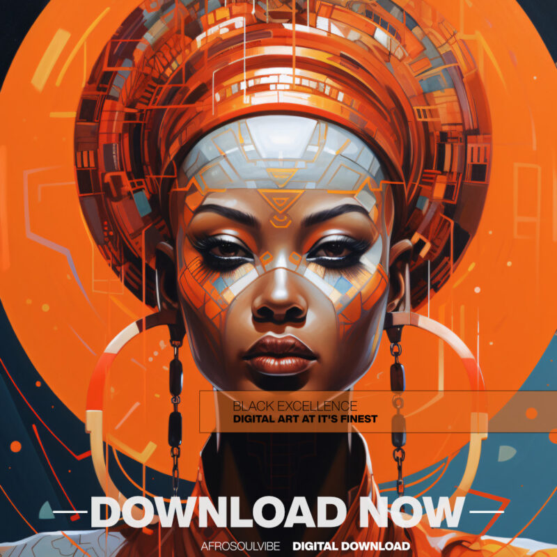 Close‑up of geometric face markings and metallic headwrap—Afrofuturist wall art, vertical poster.
