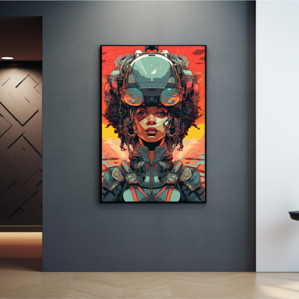 Afrocentric digital portrait of a Black female mech pilot in neon armour against fiery skies — instant download art print.