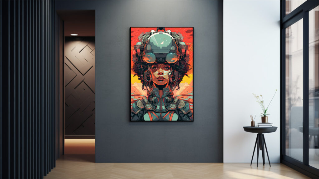 Afrocentric digital portrait of a Black female mech pilot in neon armour against fiery skies — instant download art print.