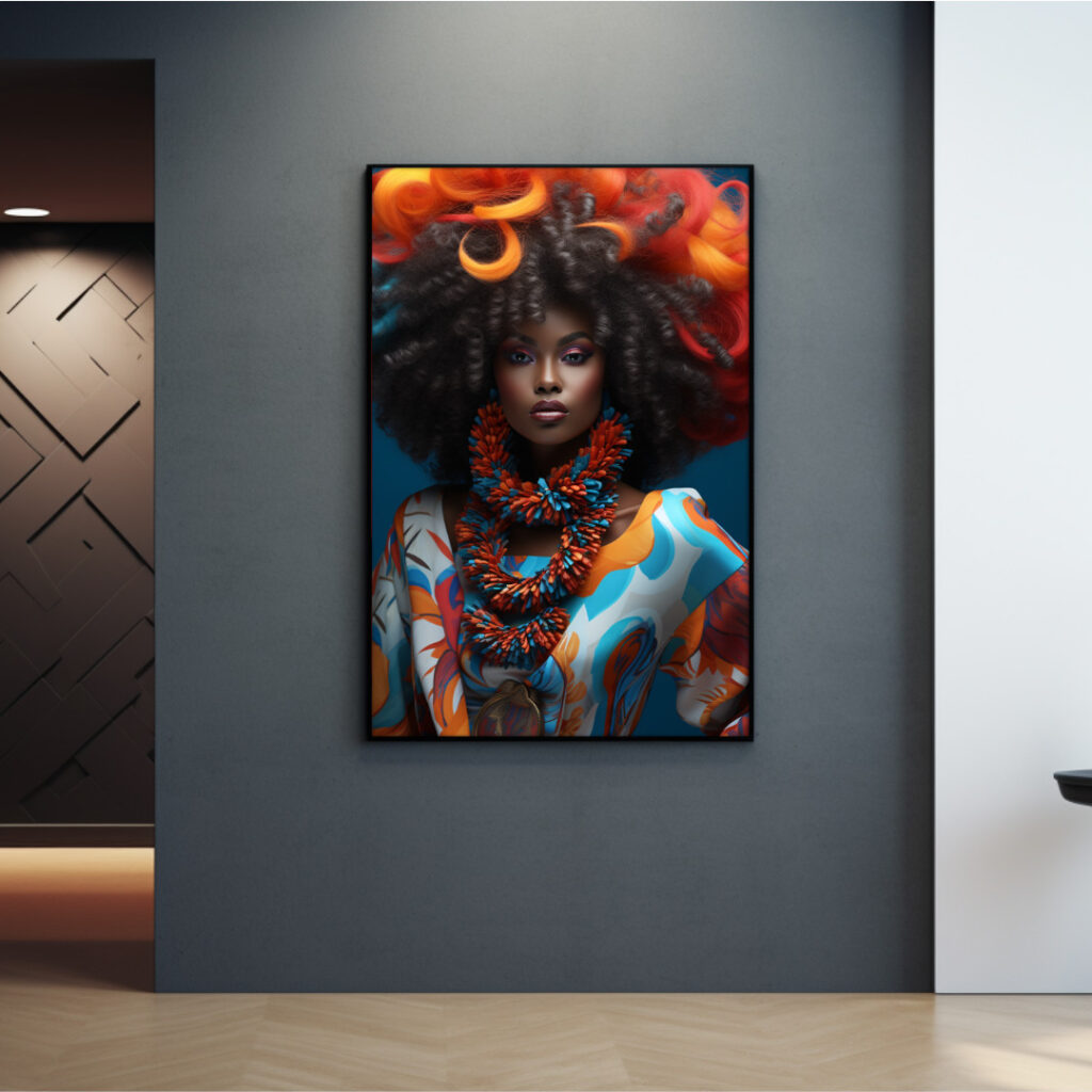 Afrocentric digital portrait of a Black woman in carnival-inspired fashion with vibrant orange-turquoise palette, ready for download as vertical multi-size JPGs.