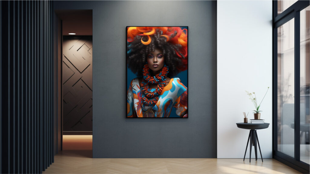 Afrocentric digital portrait of a Black woman in carnival-inspired fashion with vibrant orange-turquoise palette, ready for download as vertical multi-size JPGs.