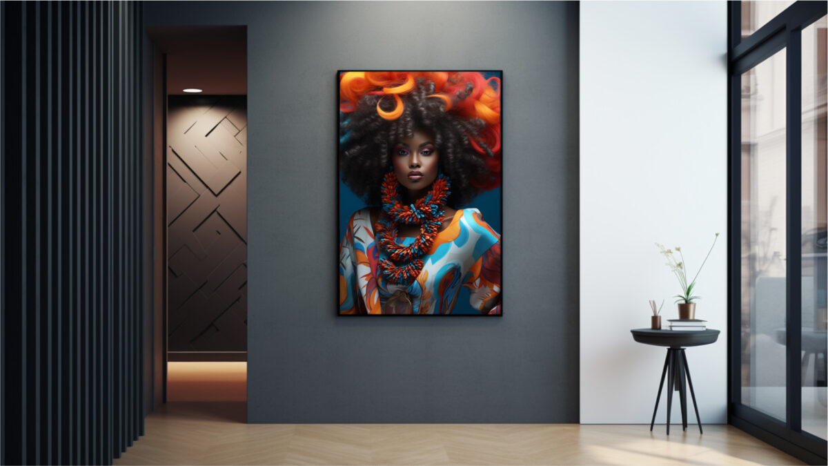 Afrocentric digital portrait of a Black woman in carnival-inspired fashion with vibrant orange-turquoise palette, ready for download as vertical multi-size JPGs.